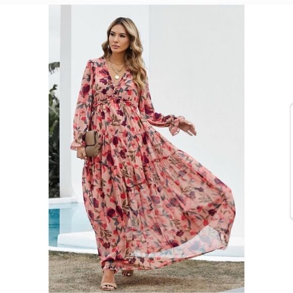 Floral Frill Trim Tiered Maxi Dress Large NWOT - Picture 2 of 15